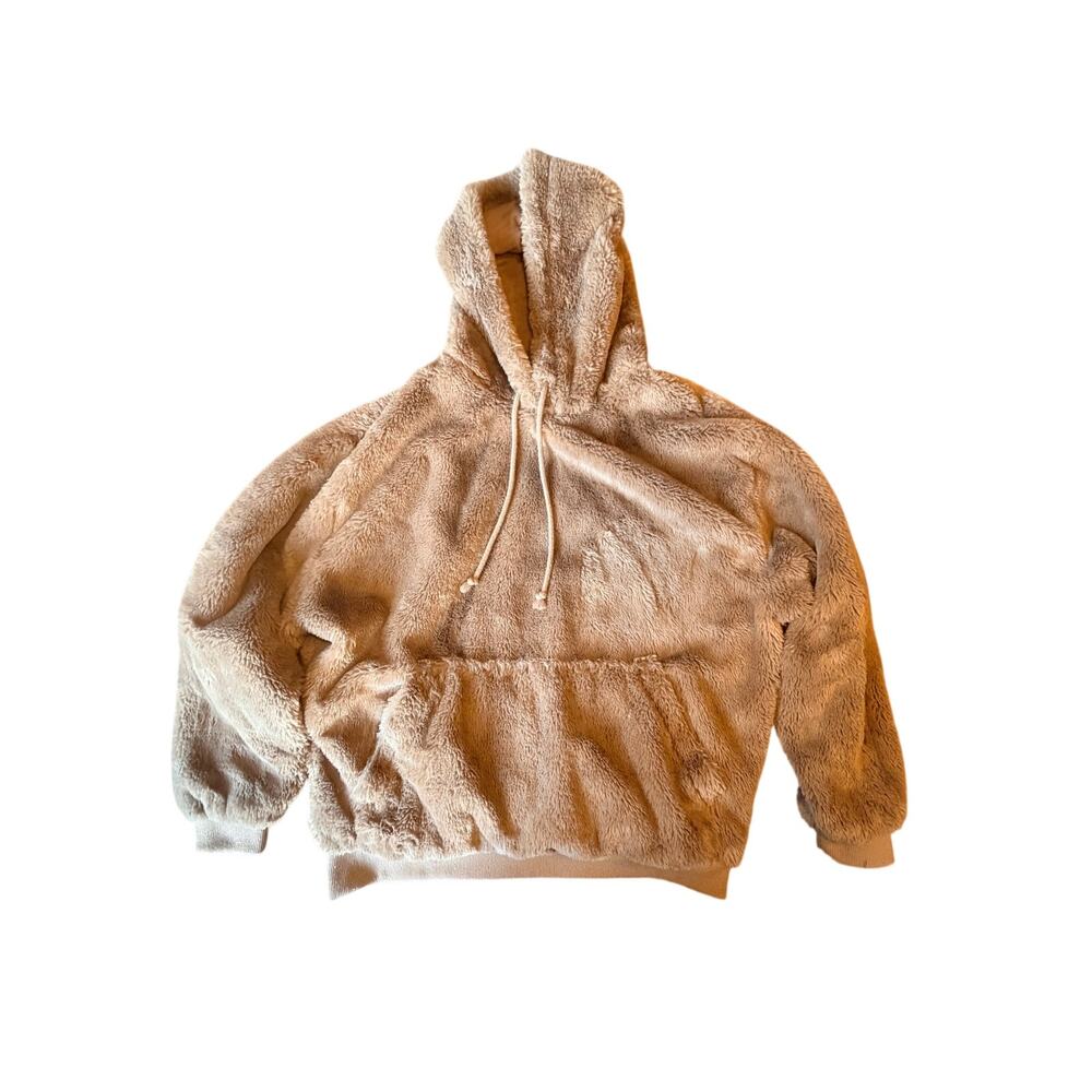 ASOS Design Faux Fur Hoodie Jacket Mens Large Tan Oversized Plush Logo Y2K